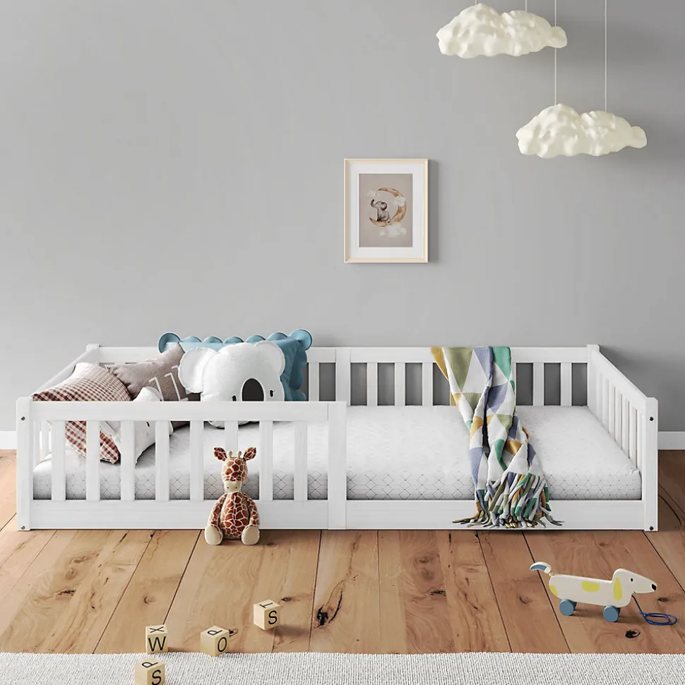 Lit enfant GUSTAVO type Montessori, couchage 90x200 cm, en pin massif lasuré blanc