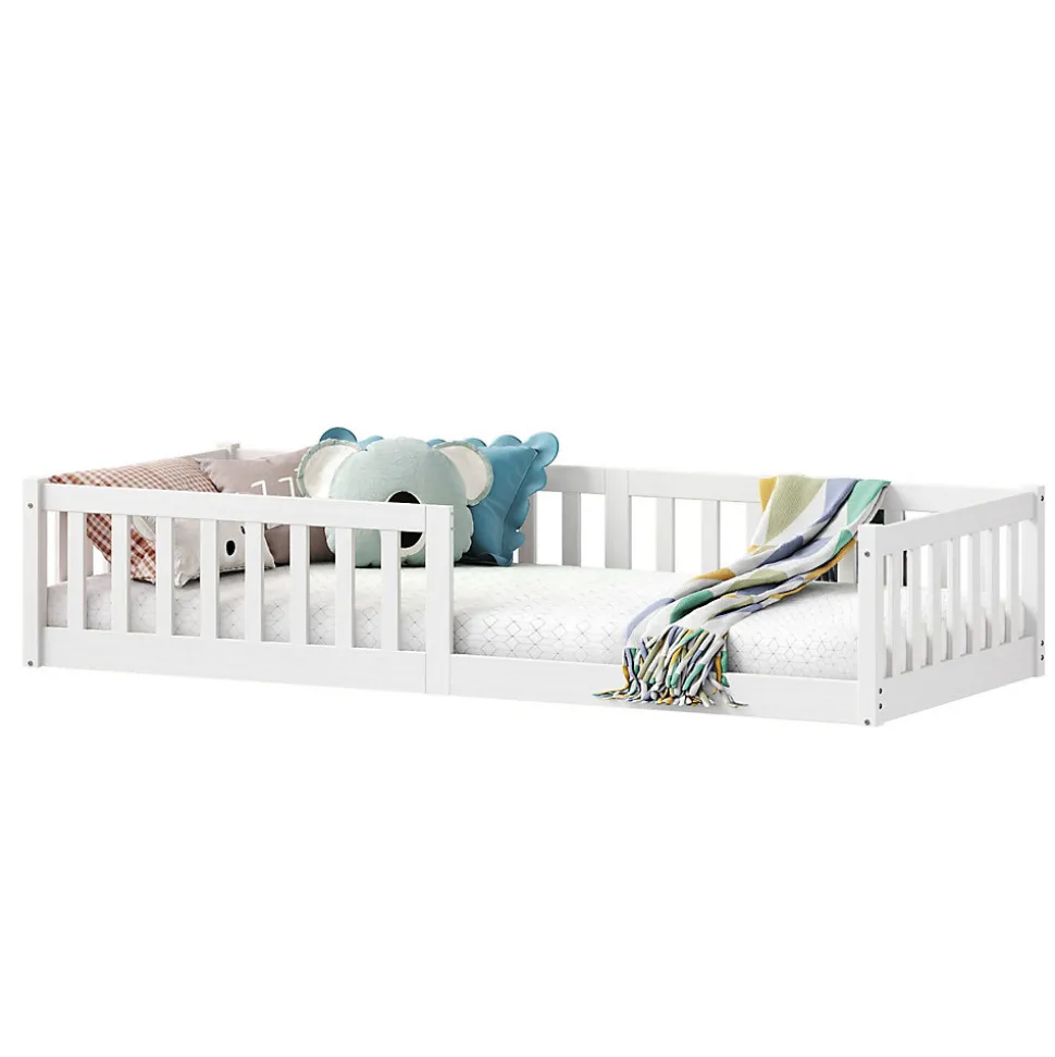 Lit enfant GUSTAVO type Montessori, couchage 90x190 cm, en pin massif lasuré blanc