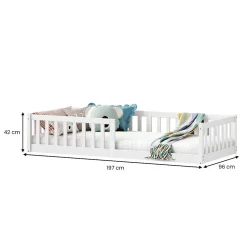Lit enfant GUSTAVO type Montessori, couchage 90x190 cm, en pin massif lasuré blanc