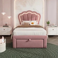 Lit enfant LED 90X200cm Tiroirs Contrôle par application mobile Rose Blackcolors