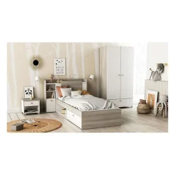 Lit enfant LIFE 1 personne - 90X190/200 - Rangements - Décor Chene et blanc - DEMEYERE - Fabriqué en France