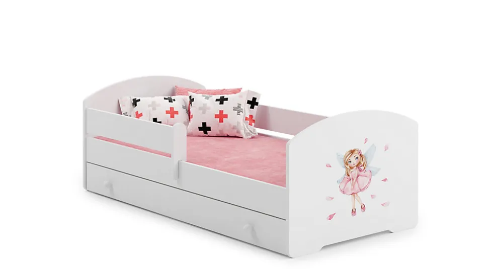 Lit enfant LOU avec tiroir balustrade et matelas inclus - Fée rose - 160 cm x 80 cm