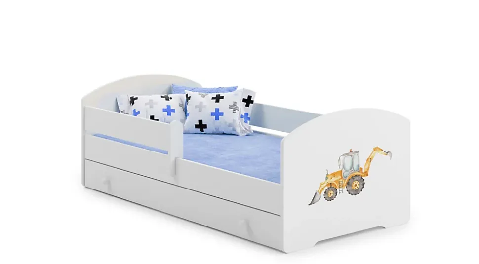 Lit enfant LOU avec tiroir balustrade et matelas inclus - Pelleteuse - 160 cm x 80 cm