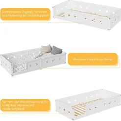 Lit enfant Montessori 90x200 cm en pin massif, barrières étoiles et lune, peinture à l eau sûre, design sécurisé, Blanc