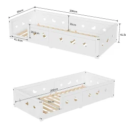 Lit enfant Montessori 90x200 cm en pin massif, barrières étoiles et lune, peinture à l eau sûre, design sécurisé, Blanc