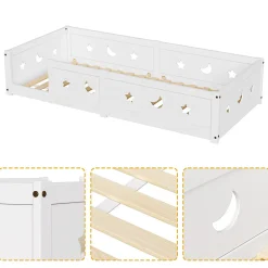 Lit enfant Montessori 90x200 cm en pin massif, barrières étoiles et lune, peinture à l eau sûre, design sécurisé, Blanc