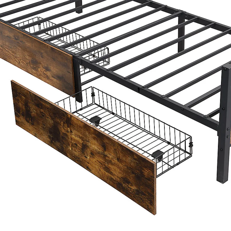 Lit enfant métal et MDF 90x200cm noir et noyer, style vintage, avec 2 tiroirs sur roulettes