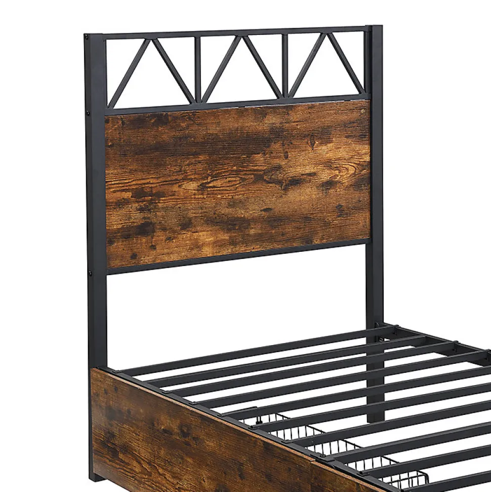 Lit enfant métal et MDF 90x200cm noir et noyer, style vintage, avec 2 tiroirs sur roulettes