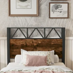 Lit enfant métal et MDF 90x200cm noir et noyer, style vintage, avec 2 tiroirs sur roulettes