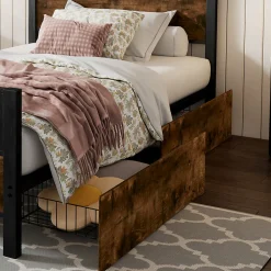 Lit enfant métal et MDF 90x200cm noir et noyer, style vintage, avec 2 tiroirs sur roulettes