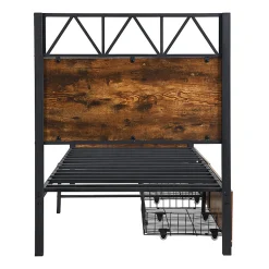 Lit enfant métal et MDF 90x200cm noir et noyer, style vintage, avec 2 tiroirs sur roulettes
