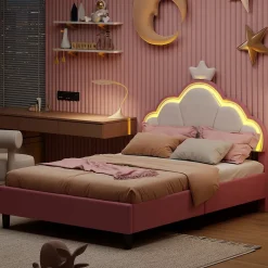 Lit Enfant Rembourré 90 X 200 Cm, LED, Tête De Lit Et Sommier à Lattes Réglables En Hauteur, Rose