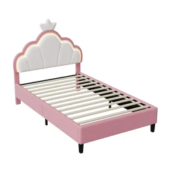 Lit Enfant Rembourré 90 X 200 Cm, LED, Tête De Lit Et Sommier à Lattes Réglables En Hauteur, Rose