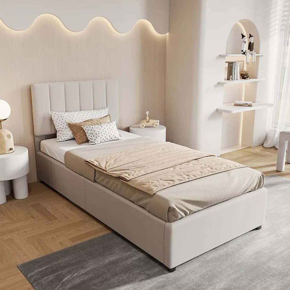 Lit enfant rembourré 90x200 cm, lit coffre hydraulique, lit haut coffre en lin doux pour la peau, beige