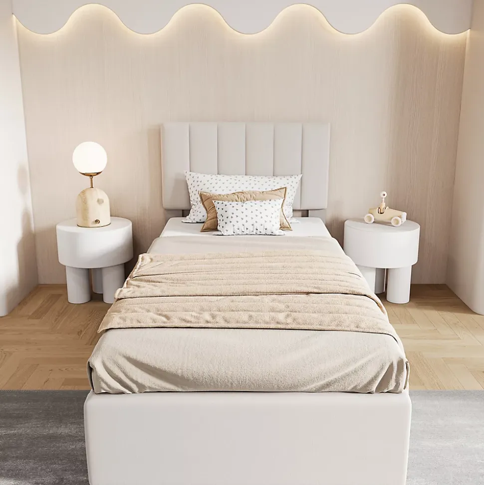 Lit enfant rembourré 90x200 cm, lit coffre hydraulique, lit haut coffre en lin doux pour la peau, beige