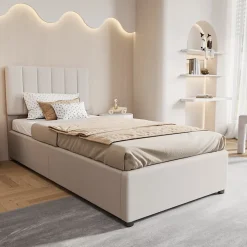 Lit enfant rembourré 90x200 cm, lit coffre hydraulique, lit haut coffre en lin doux pour la peau, beige