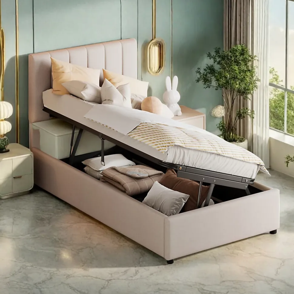 Lit enfant rembourré 90x200 cm, lit coffre hydraulique, lit haut coffre en lin doux pour la peau, beige