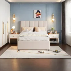 Lit enfant rembourré 90x200 cm, lit coffre hydraulique, lit haut coffre en lin doux pour la peau, beige