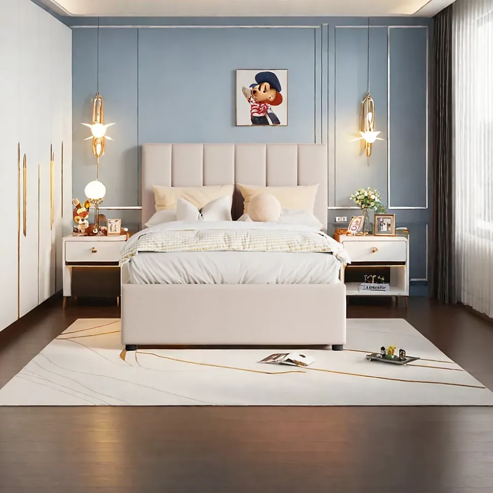 Lit enfant rembourré 90x200 cm, lit coffre hydraulique, lit haut coffre en lin doux pour la peau, beige