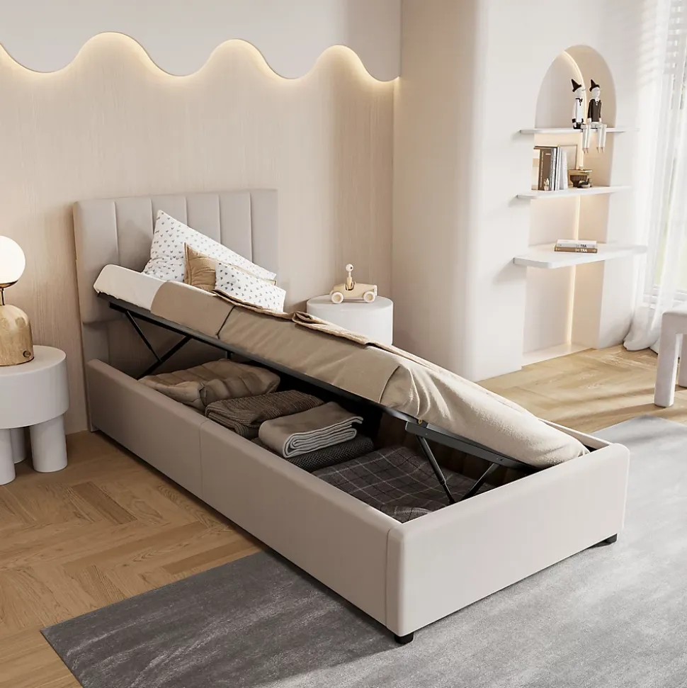 Lit enfant rembourré 90x200 cm, lit coffre hydraulique, lit haut coffre en lin doux pour la peau, beige