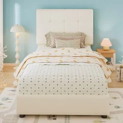 Lit enfant rembourré 90x200 cm - tête de lit en forme de biscuit - avec sommier à lattes - PU+contreplaqué - Beige(sans matelas)