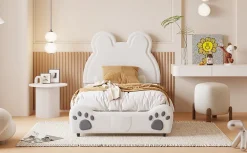 Lit Enfant Rembourré 90x200 Cm, Avec Tête De Lit En Forme D'ours En Velours Doux Pour La Peau, Blanc