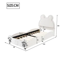 Lit Enfant Rembourré 90x200 Cm, Avec Tête De Lit En Forme D'ours En Velours Doux Pour La Peau, Blanc