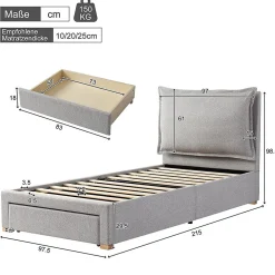 Lit enfant rembourré 90x200 cm, lattes, tête chenille, rangement - gris