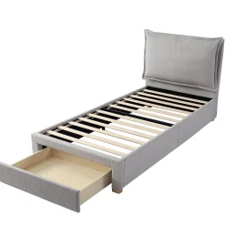 Lit enfant rembourré 90x200 cm, lattes, tête chenille, rangement - gris