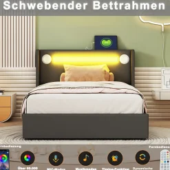 Lit Enfant Rembourré 90x200cm Avec Bande Lumineuse LED Et Chargement USB, Sommier à Lattes, Noir