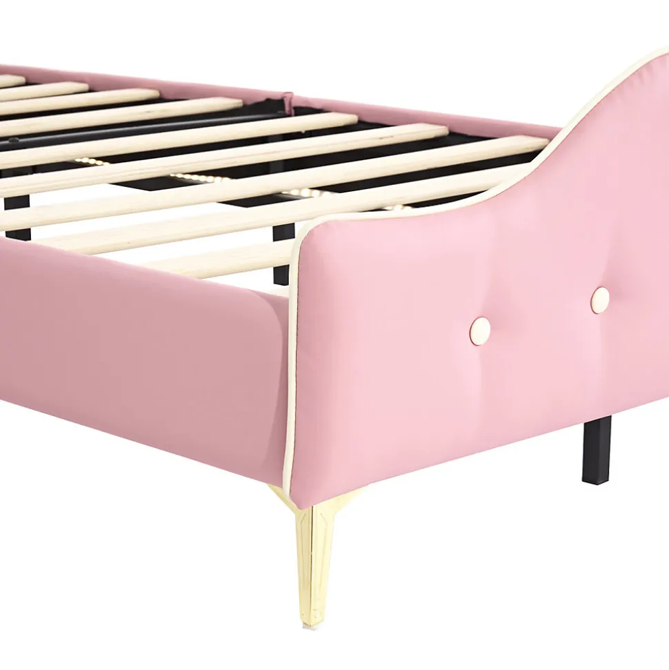 Lit enfant rembourré 90x200cm rose et blanc, LED intégrée, tête de lit avec couronne et vagues décoratives