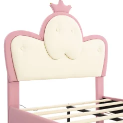 Lit enfant rembourré 90x200cm rose et blanc, LED intégrée, tête de lit avec couronne et vagues décoratives