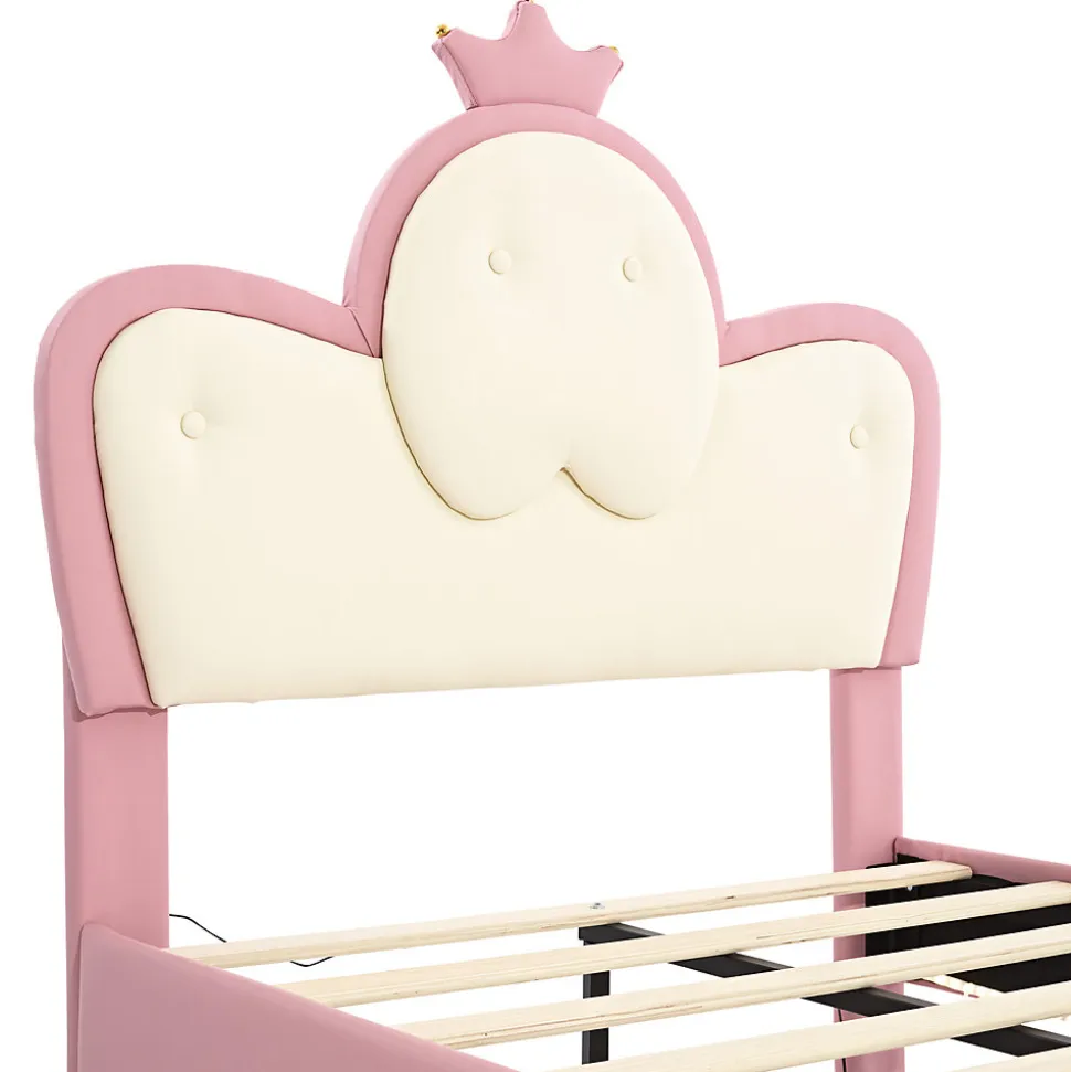 Lit enfant rembourré 90x200cm rose et blanc, LED intégrée, tête de lit avec couronne et vagues décoratives