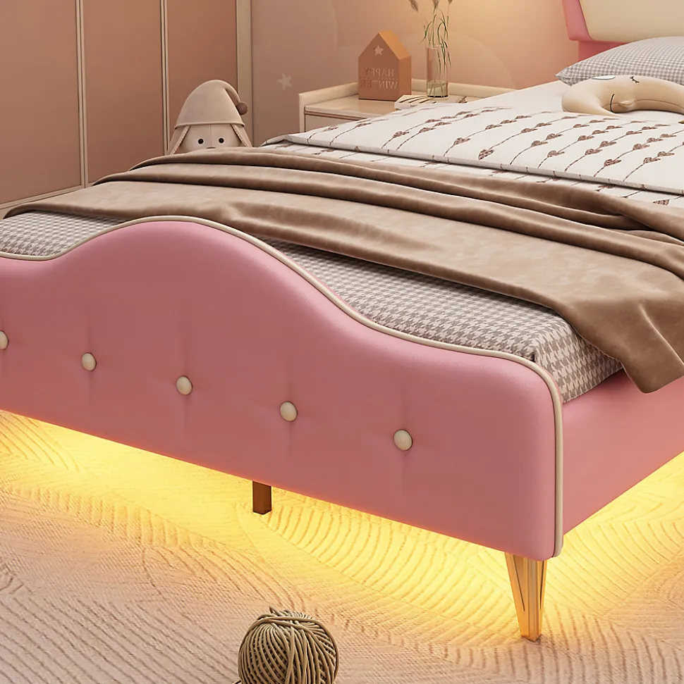 Lit enfant rembourré 90x200cm rose et blanc, LED intégrée, tête de lit avec couronne et vagues décoratives