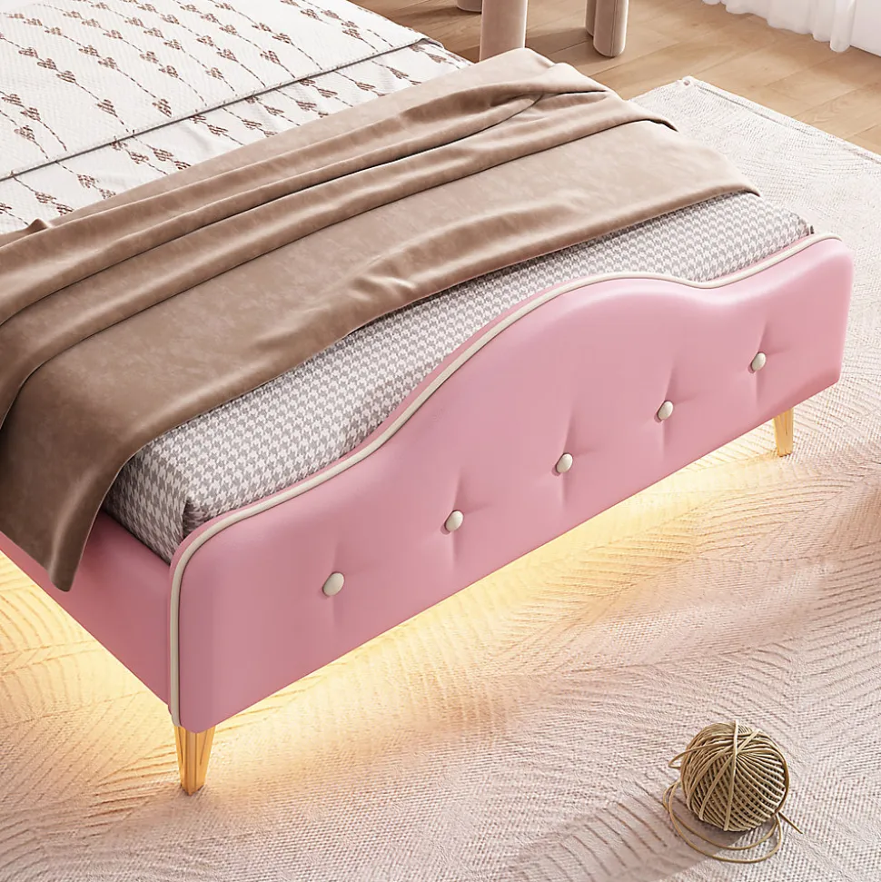 Lit enfant rembourré 90x200cm rose et blanc, LED intégrée, tête de lit avec couronne et vagues décoratives