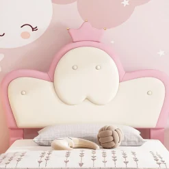 Lit enfant rembourré 90x200cm rose et blanc, LED intégrée, tête de lit avec couronne et vagues décoratives