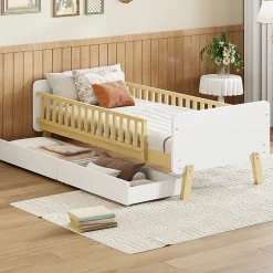 Lit enfant Simple 90x190 cm Bois Blanc avec 2 Tiroirs et Sommier À Lattes, Multifonction pour Chambre Fille Ou Garçon, Blanc