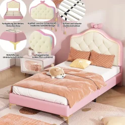 Lit enfant simple 90x200 cm rembourré avec bande LED colorée, tête ondulée et nœud décoratif, similicuir rose sans matelas