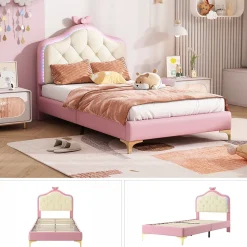 Lit enfant simple 90x200 cm rembourré avec bande LED colorée, tête ondulée et nœud décoratif, similicuir rose sans matelas