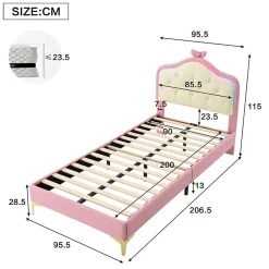 Lit enfant simple 90x200 cm rembourré avec bande LED colorée, tête ondulée et nœud décoratif, similicuir rose sans matelas