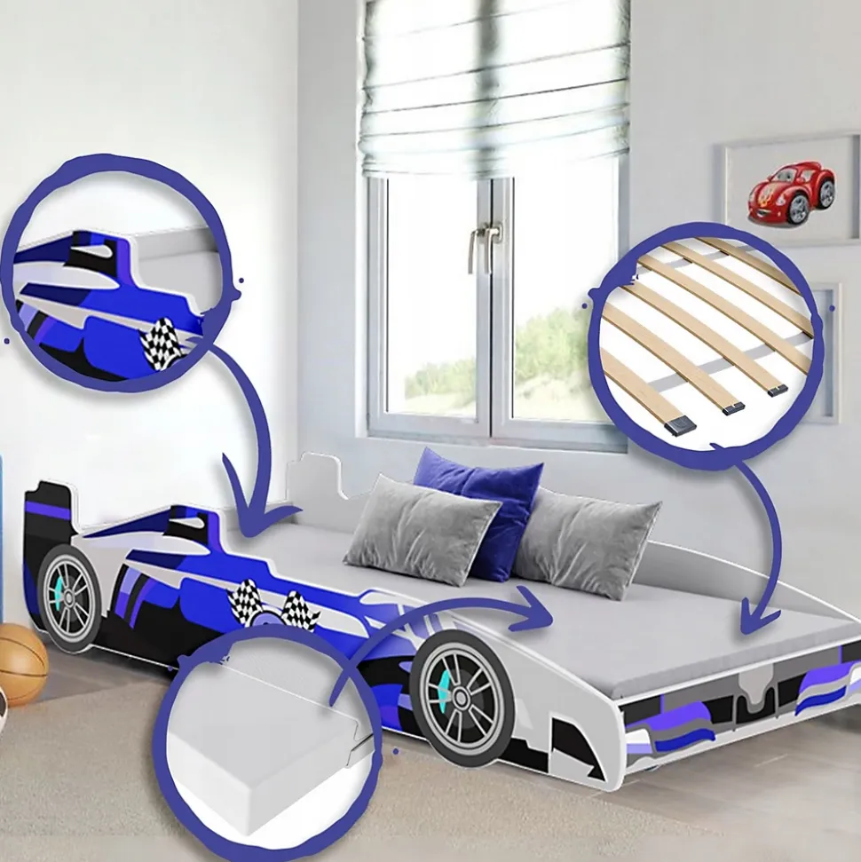 Lit enfant voiture formula 1 bleu et noir avec matelas et sommier inclus