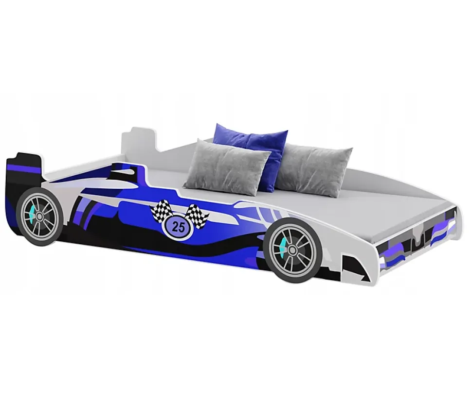 Lit enfant voiture formula 1 bleu et noir avec matelas et sommier inclus