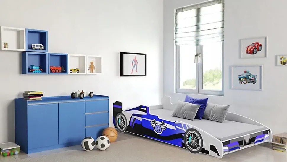 Lit enfant voiture formula 1 bleu et noir avec matelas et sommier inclus