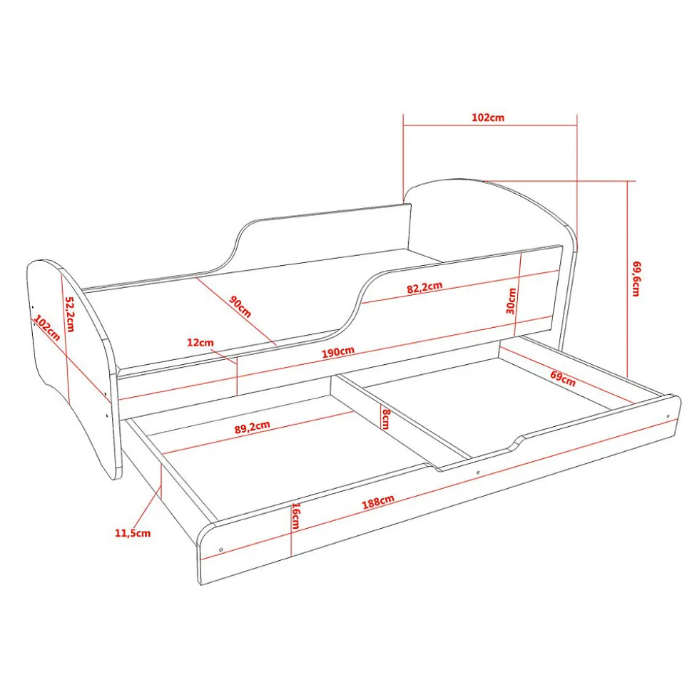 Lit enfant 190X90 Blanc Motif éléphant + matelas mousse sarrasin avec tiroir