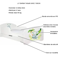 Lit enfant 180X90 Blanc Motif éléphant + matelas mousse avec tiroir