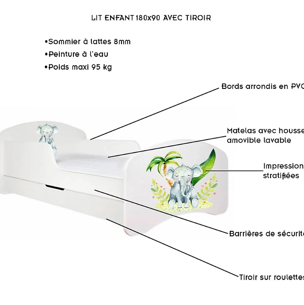 Lit enfant 180X90 Blanc Motif éléphant + matelas mousse avec tiroir