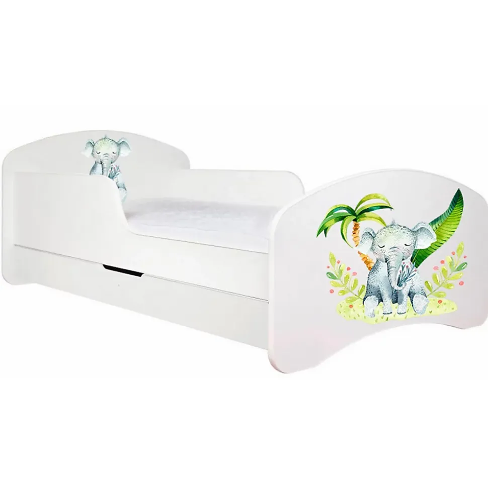 Lit enfant 180X90 Blanc Motif éléphant + matelas mousse avec tiroir