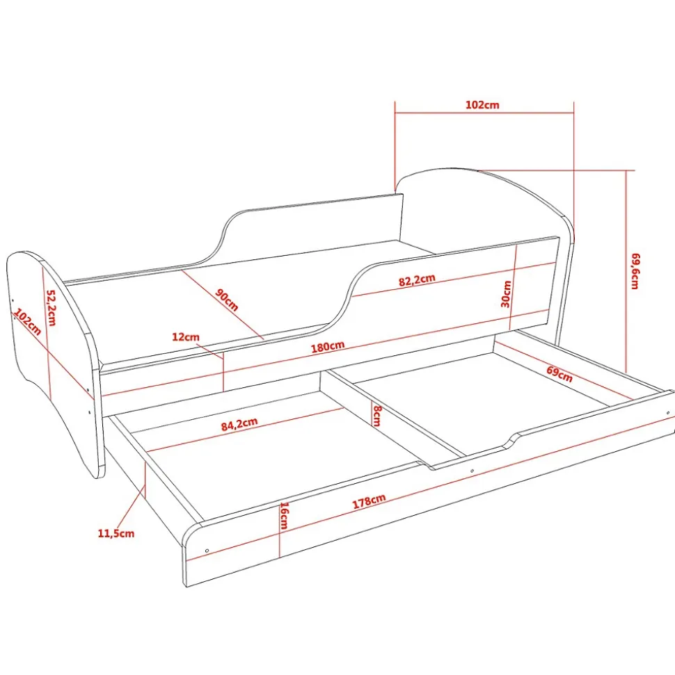 Lit enfant 180X90 Blanc Motif éléphant + matelas mousse avec tiroir