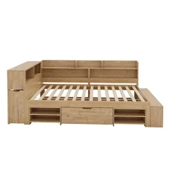 Lit enfant 90x200 cm - avec 1 tiroir - avec bibliothèque et rangement - sommier à lattes - naturel (sans matelas)