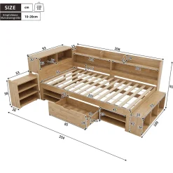 Lit enfant 90x200 cm - avec 1 tiroir - avec bibliothèque et rangement - sommier à lattes - naturel (sans matelas)